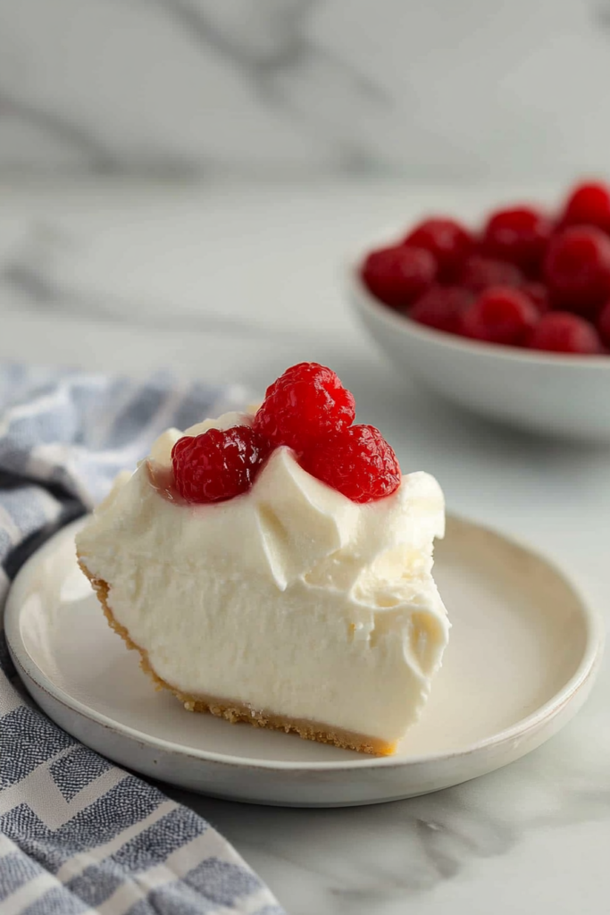 A single slice of cheesecake topped with a fresh berry, placed on a white plate.