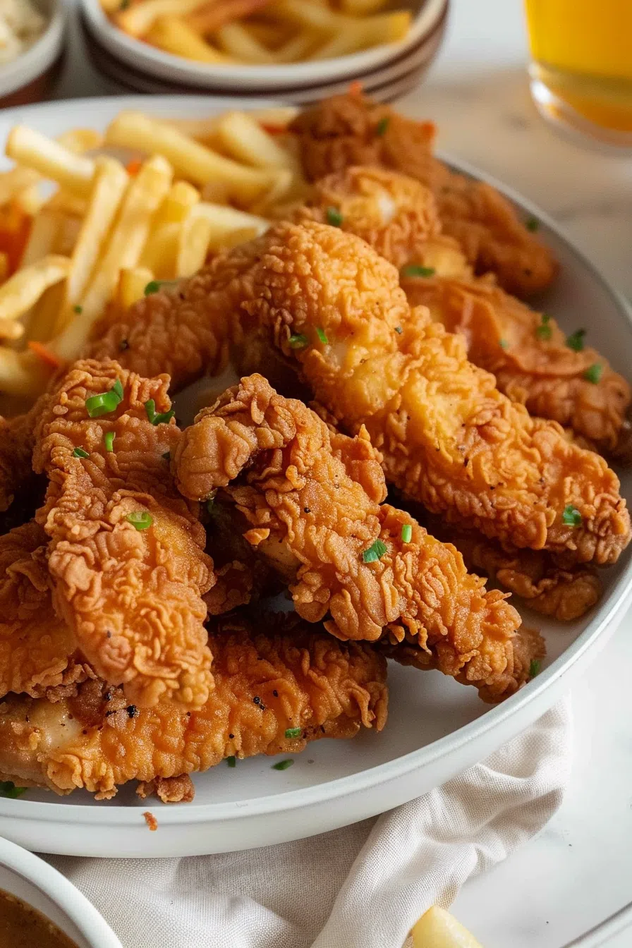 Golden chicken tenders on a plate, paired with a side of fries, perfect for a comforting meal.