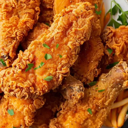 Close-up of crunchy, fried chicken tenders stacked on a plate, showcasing their crispy texture.