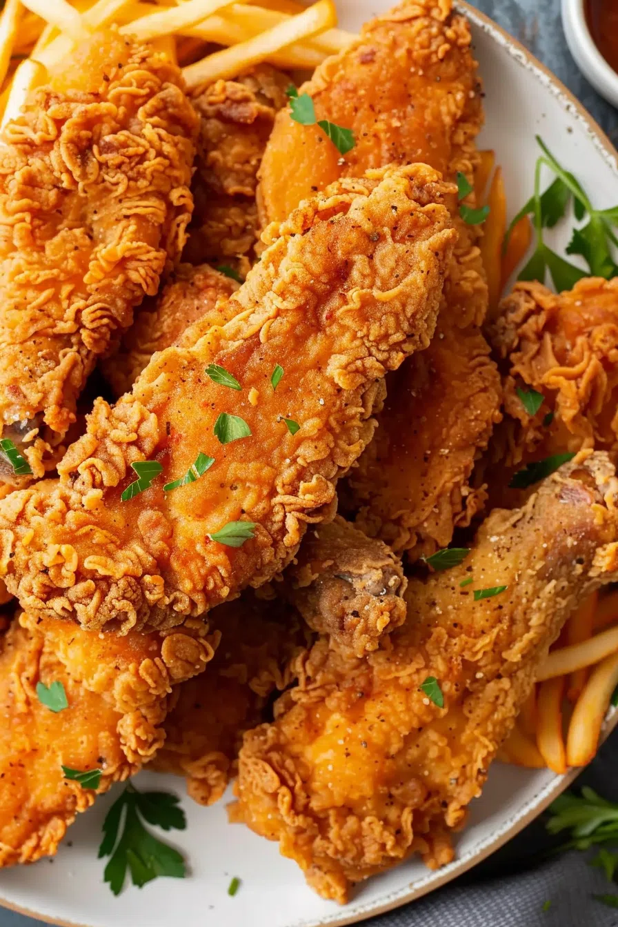 Close-up of crunchy, fried chicken tenders stacked on a plate, showcasing their crispy texture.