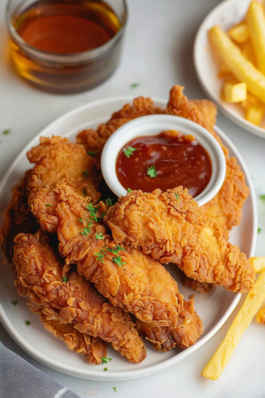 Chicken tenders with a crispy coating, served alongside dipping sauce and garnished with fresh herbs.
