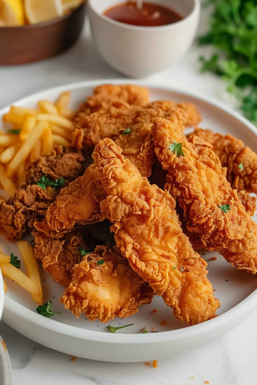 A serving of crispy fried chicken tenders with a light garnish, served with dipping sauce for extra flavor.