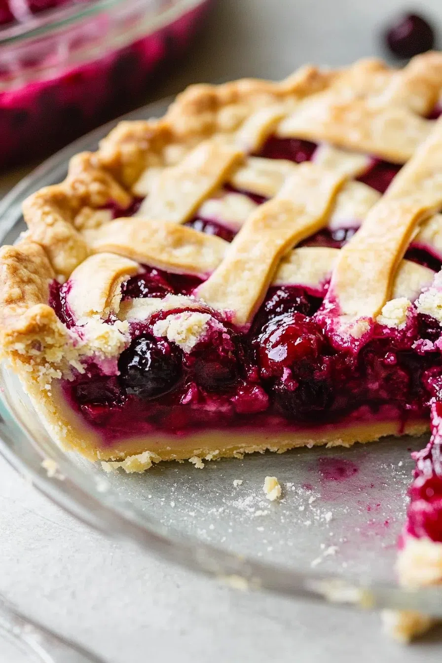 A slice of razzleberry pie on a plate, revealing the juicy mixed berry filling and flaky crust.