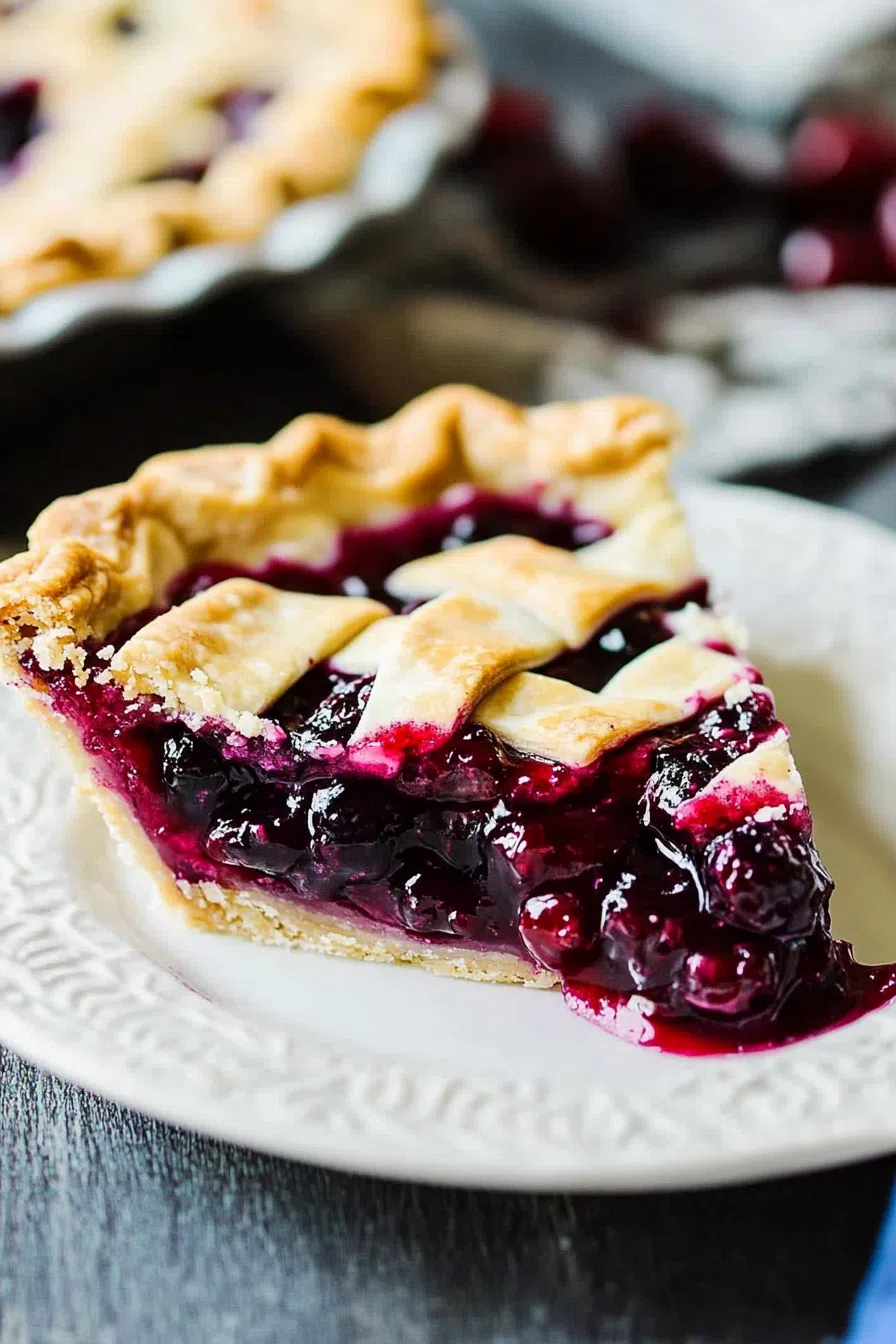 Side view of a razzleberry pie, emphasizing the layers of flaky crust and mixed berries.