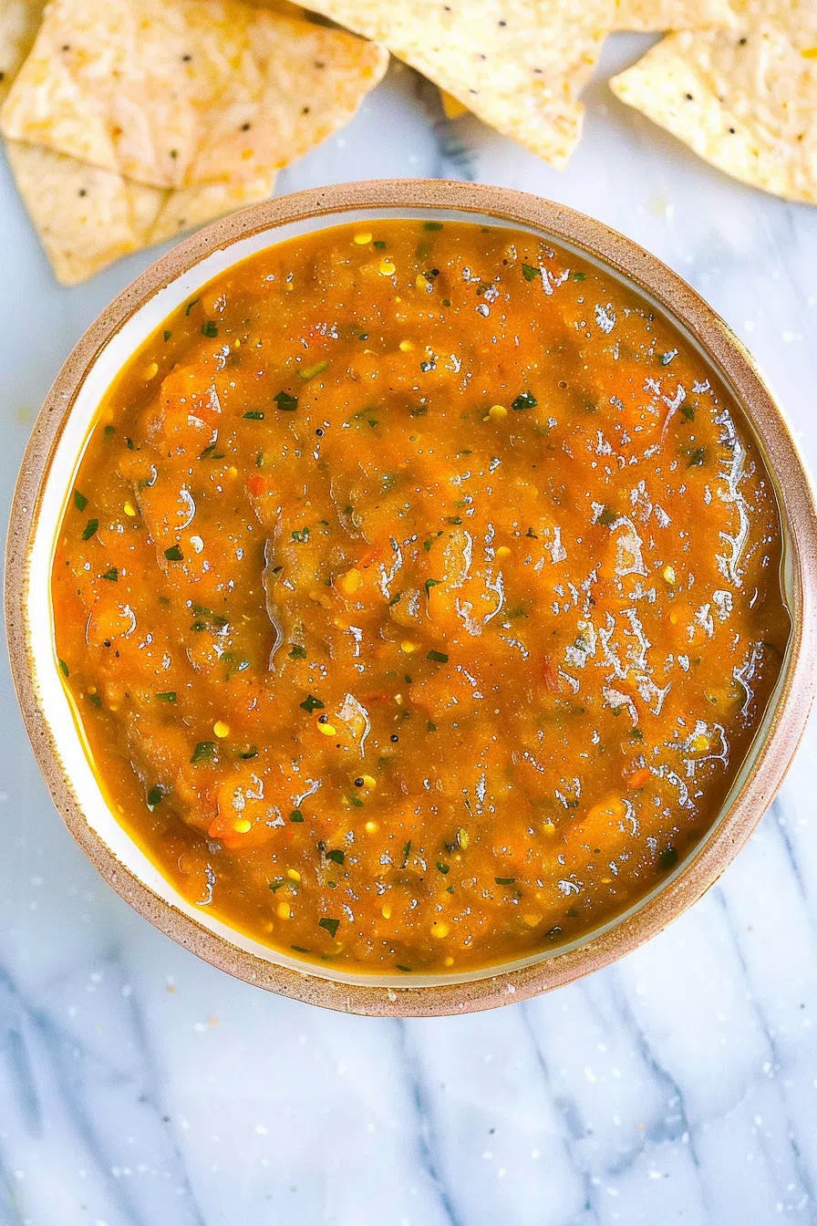 Close-up of rich and colorful mango habanero salsa, garnished with fresh cilantro.