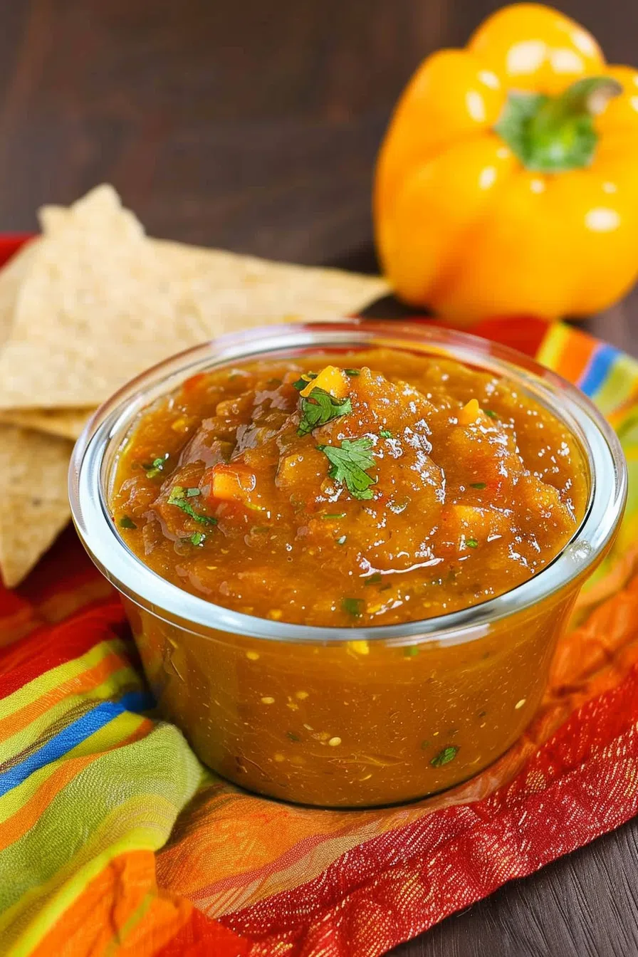 Roasted mango habanero salsa in a glass bowl, surrounded by tortilla chips and fresh cilantro leaves.