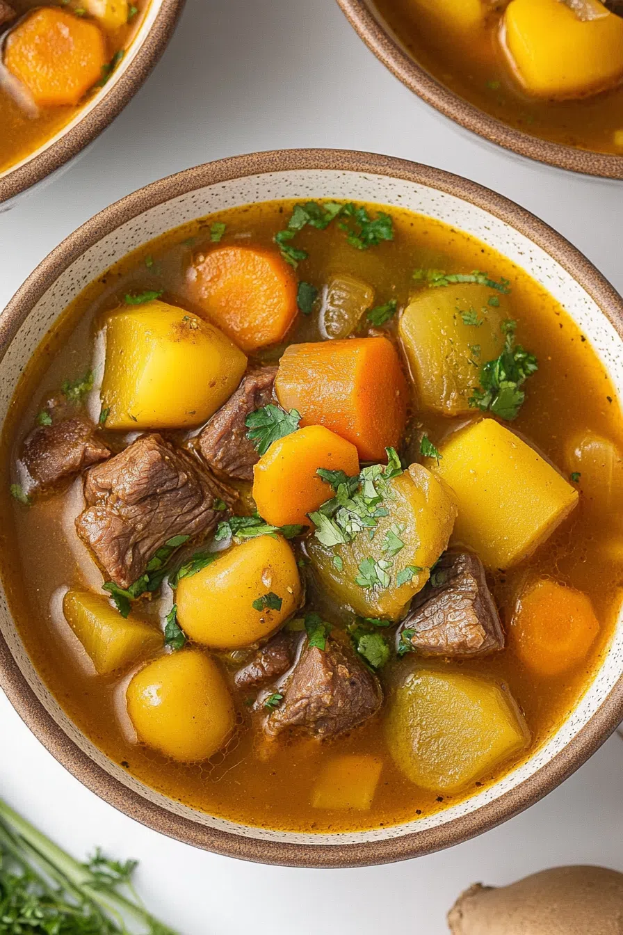 A large pot of Sancocho Dominicano, with steam rising and ready to serve.