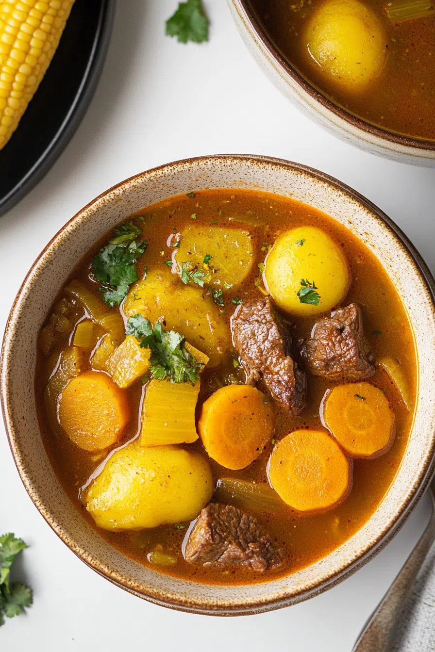 A steaming bowl of Sancocho Dominicano, filled with a variety of meats, root vegetables, and corn.