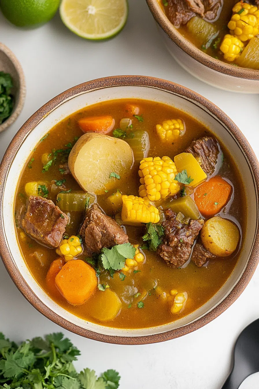 An overhead view of a table set with Sancocho Dominicano, rice, and avocado slices for a complete meal.