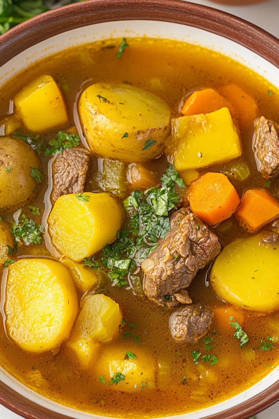 Close-up of a hearty serving of Sancocho Dominicano, showcasing the rich, flavorful broth and colorful ingredients.