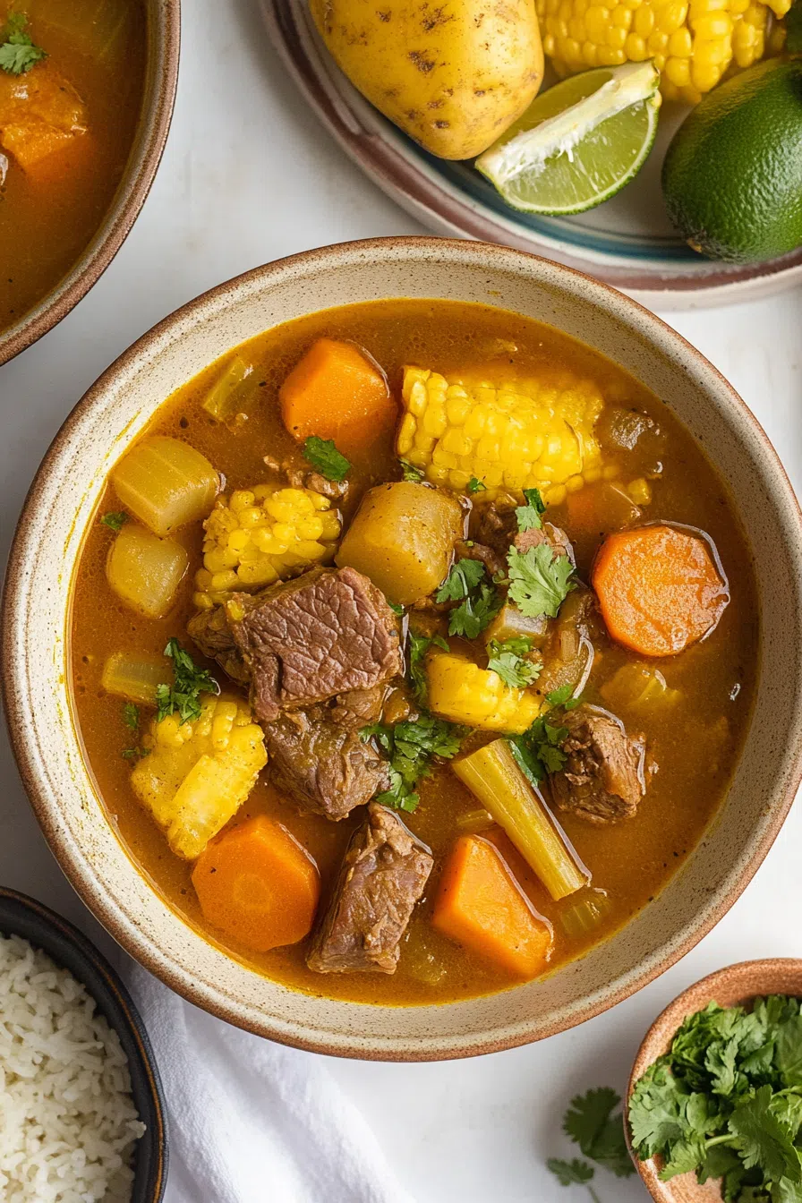 A beautifully plated portion of Sancocho Dominicano, garnished with cilantro and served with a wedge of lime.