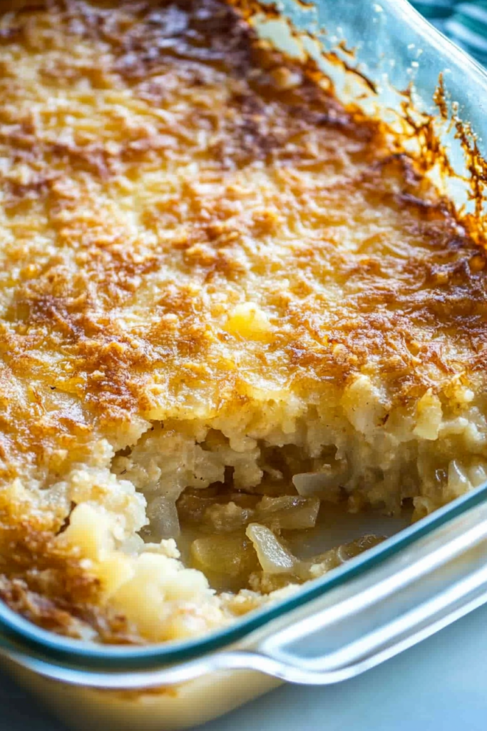 Close-up of a golden, bubbly Southern sweet onion casserole fresh out of the oven.