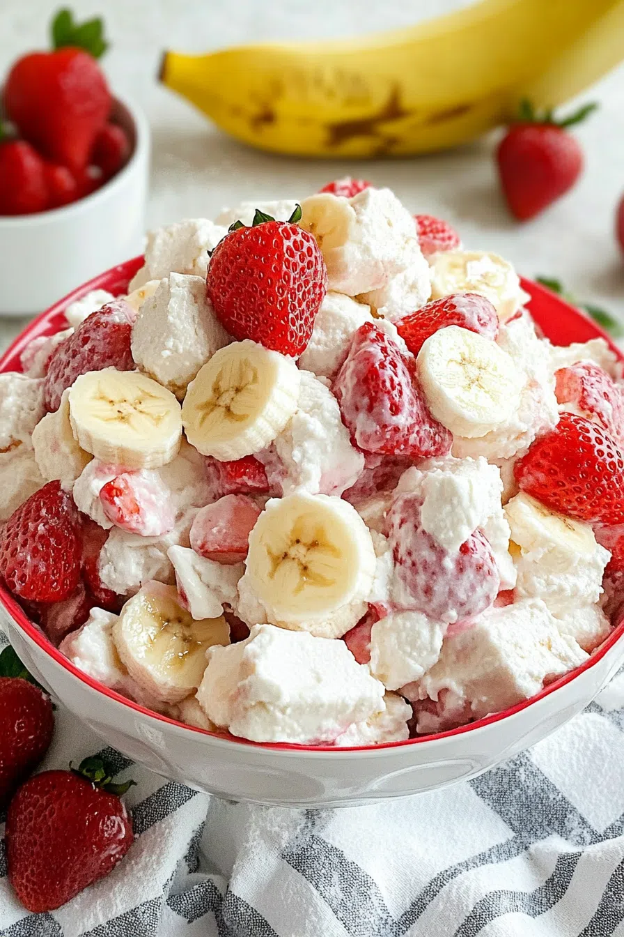 Side view of a serving of strawberry banana cheesecake salad, emphasizing the rich and fruity layers.
