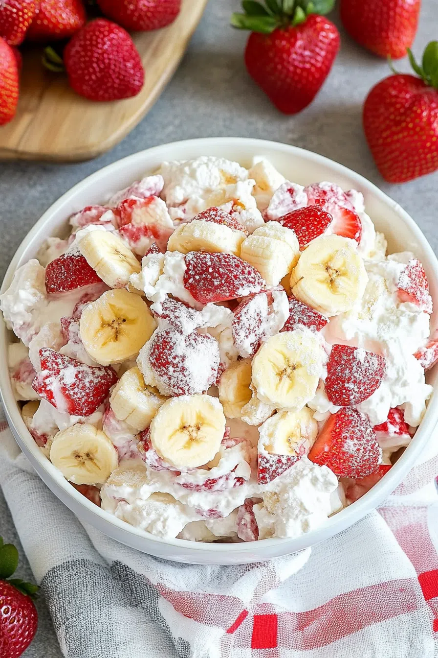 A serving bowl filled with a light and creamy fruit blend, garnished with fresh berries.