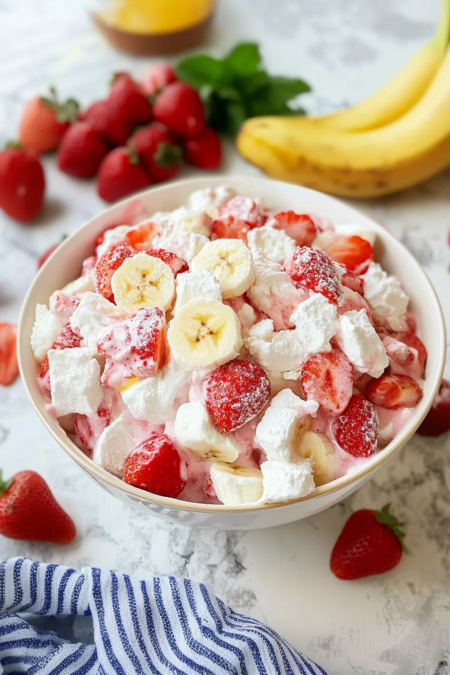 A bowl of strawberry banana cheesecake salad, garnished with fresh strawberry slices and banana chunks.
