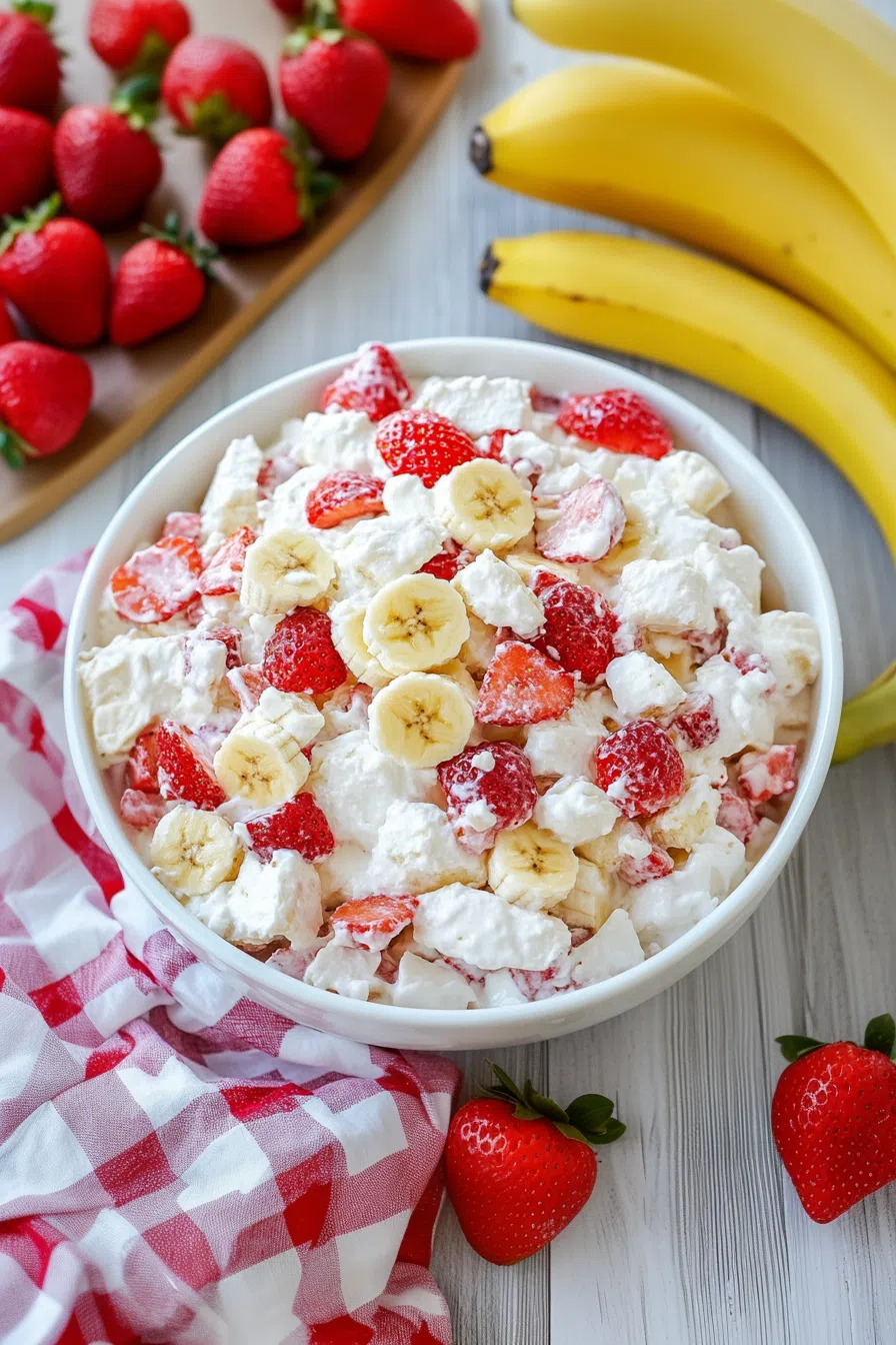 Top-down view of the strawberry banana cheesecake salad, served in a glass dish and topped with a sprinkle of graham cracker crumbs.