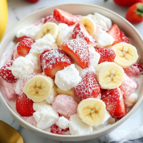 Close-up of the creamy cheesecake mixture, highlighting the vibrant strawberries and bananas.