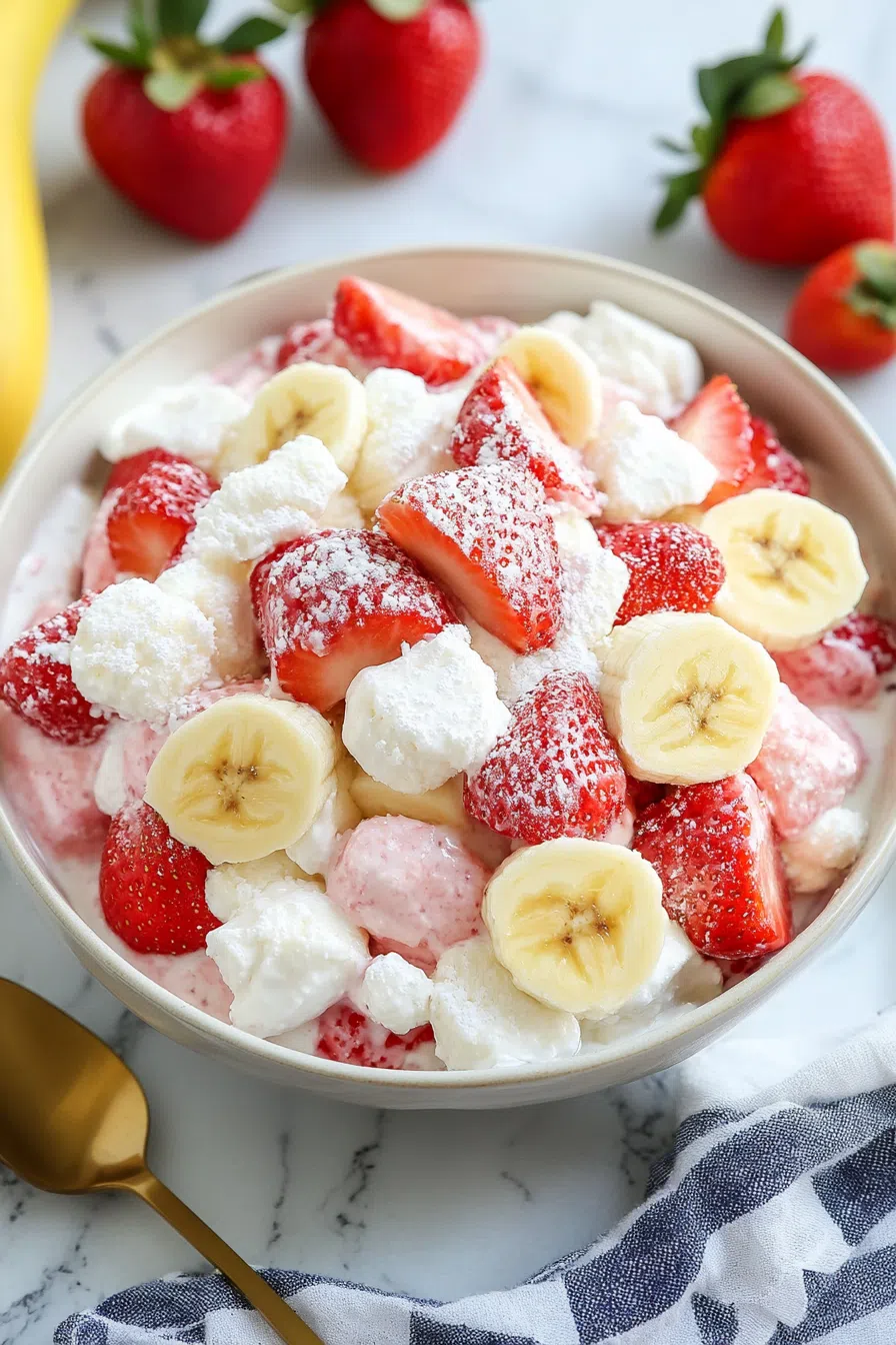 Close-up of the creamy cheesecake mixture, highlighting the vibrant strawberries and bananas.
