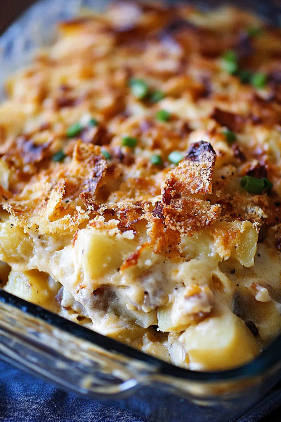 A close-up of a slice of Texas Potatoes Casserole, highlighting the creamy potato layers and savory ingredients.