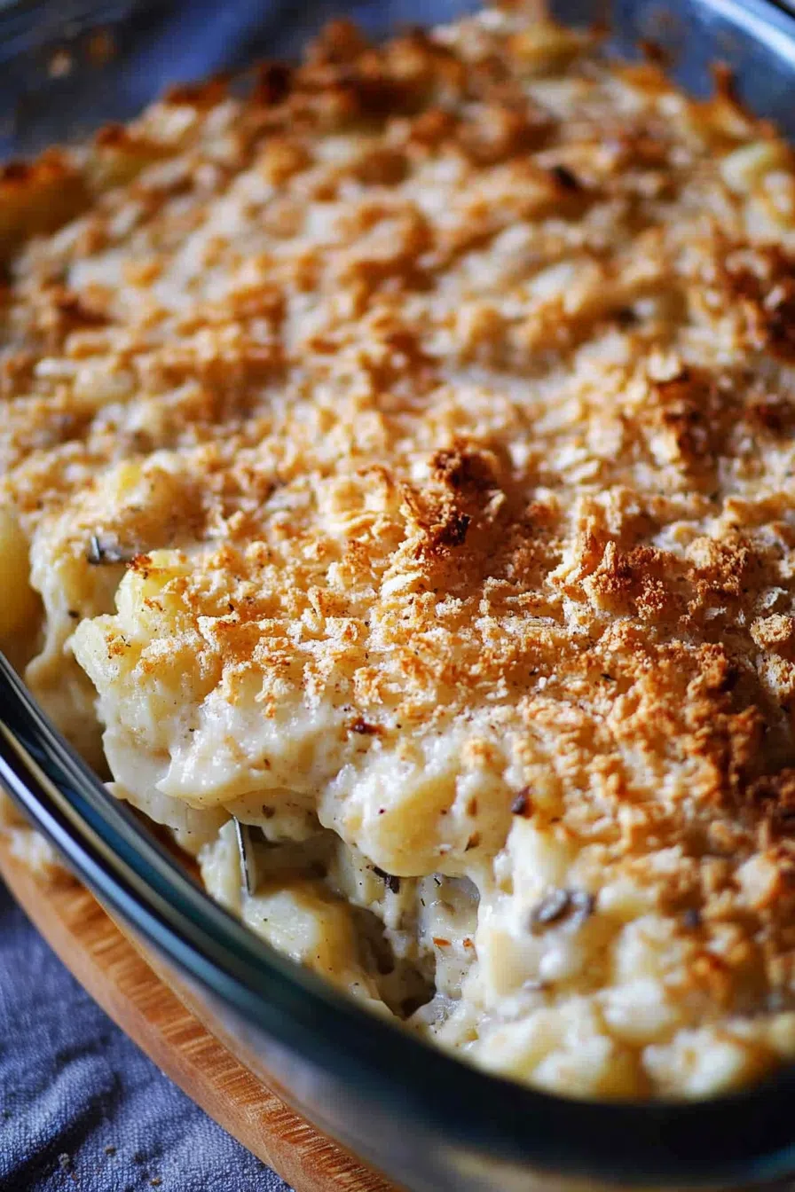 A beautifully baked Texas Potatoes Casserole in a casserole dish, with steam rising from the hot, freshly cooked dish.