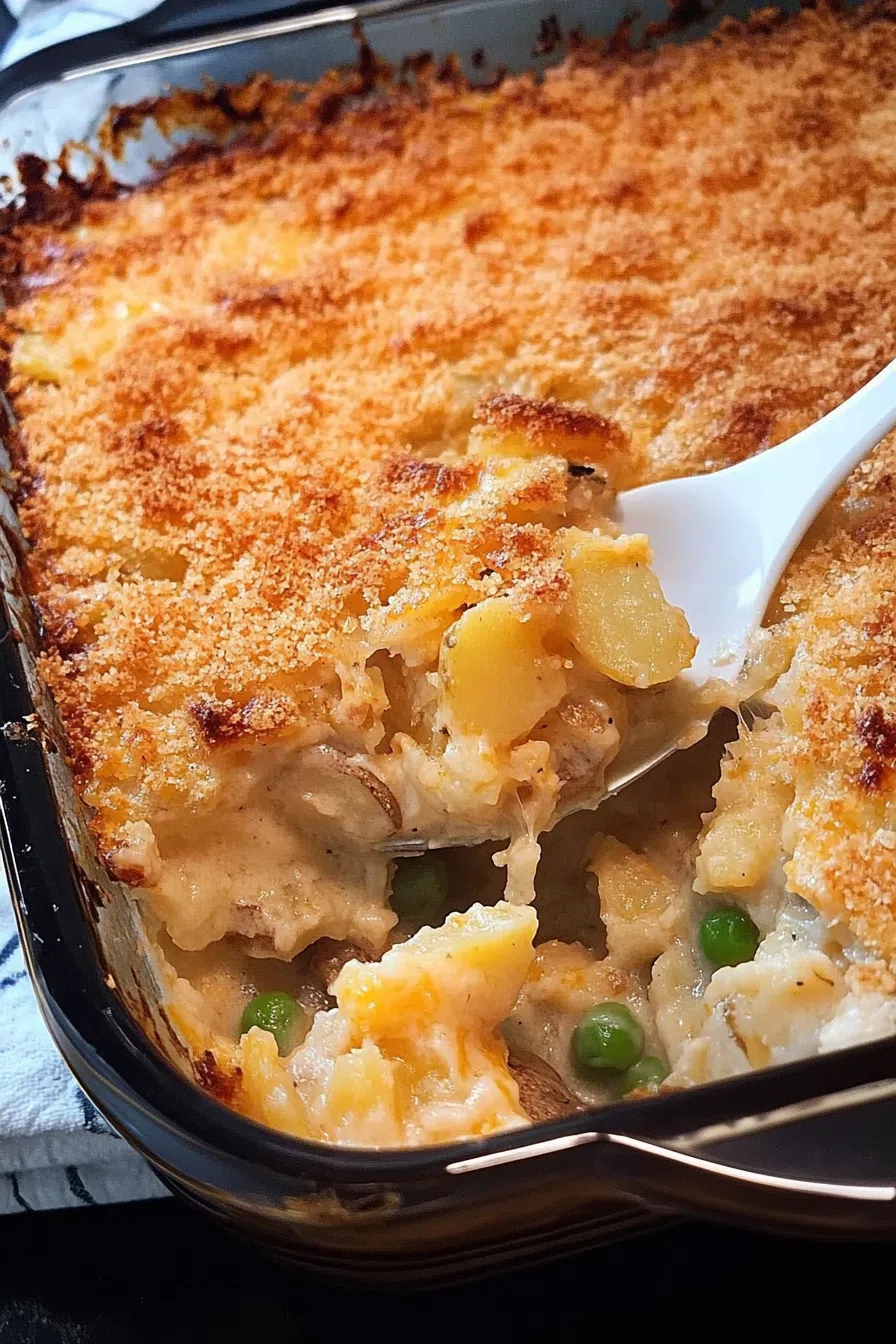 An overhead view of Texas Potatoes Casserole, with a serving spoon resting in the dish, ready to scoop out a delicious portion.