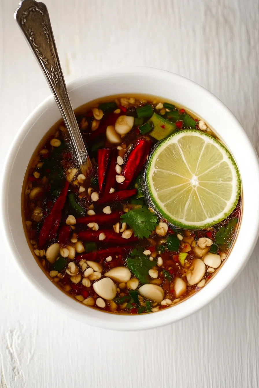 An overhead view of Thai fish sauce in a dipping bowl, with a spoon resting beside it.