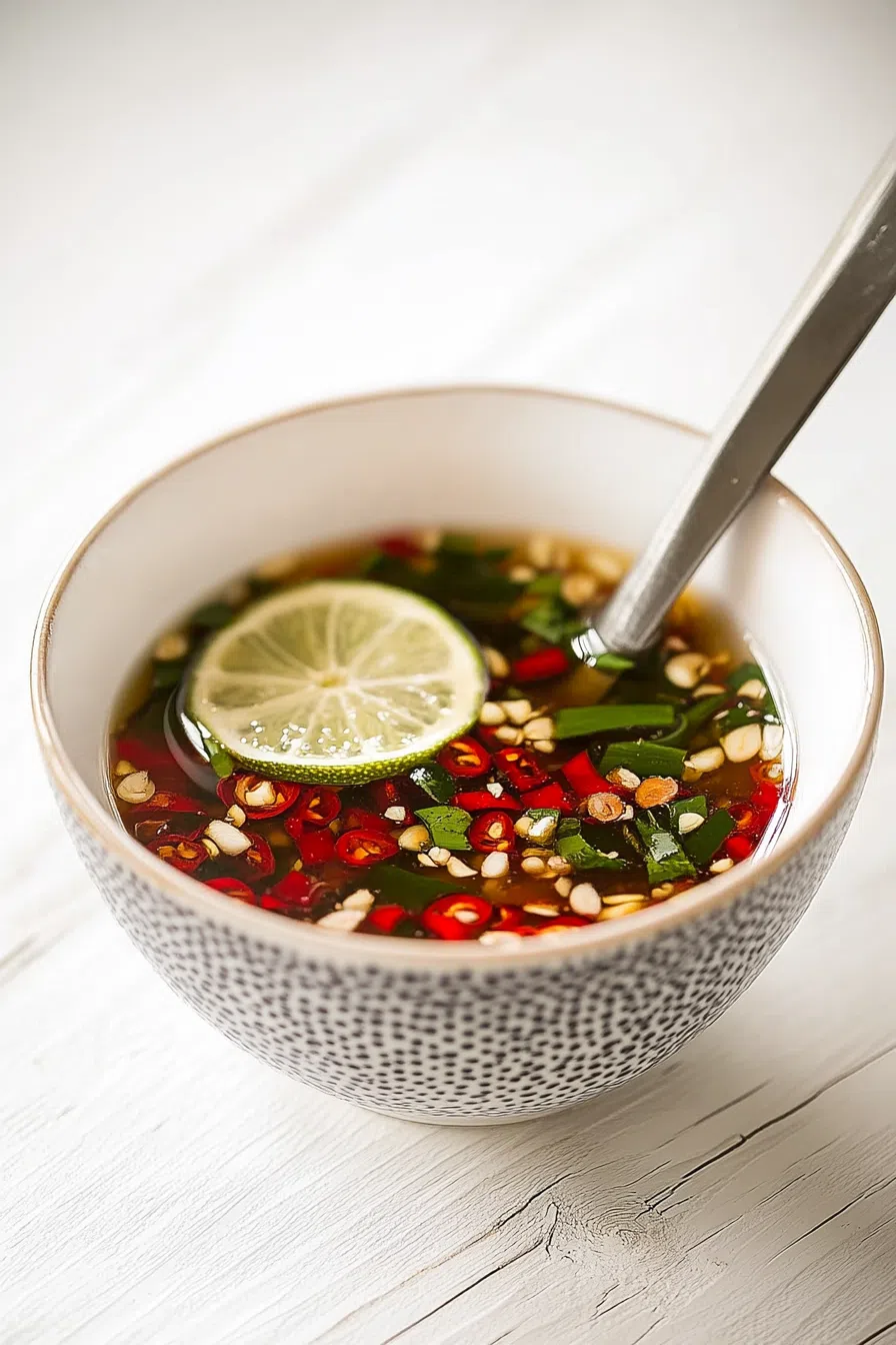 A serving of Thai fish sauce in a traditional ceramic dish, accompanied by fresh lime wedges and chilies.