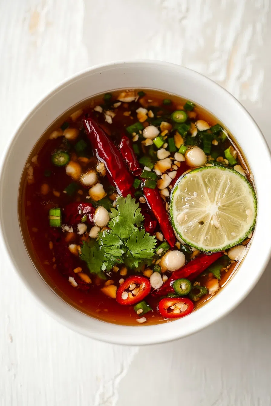 A small bowl of Thai fish sauce, with a rich, dark color and a hint of floating herbs.