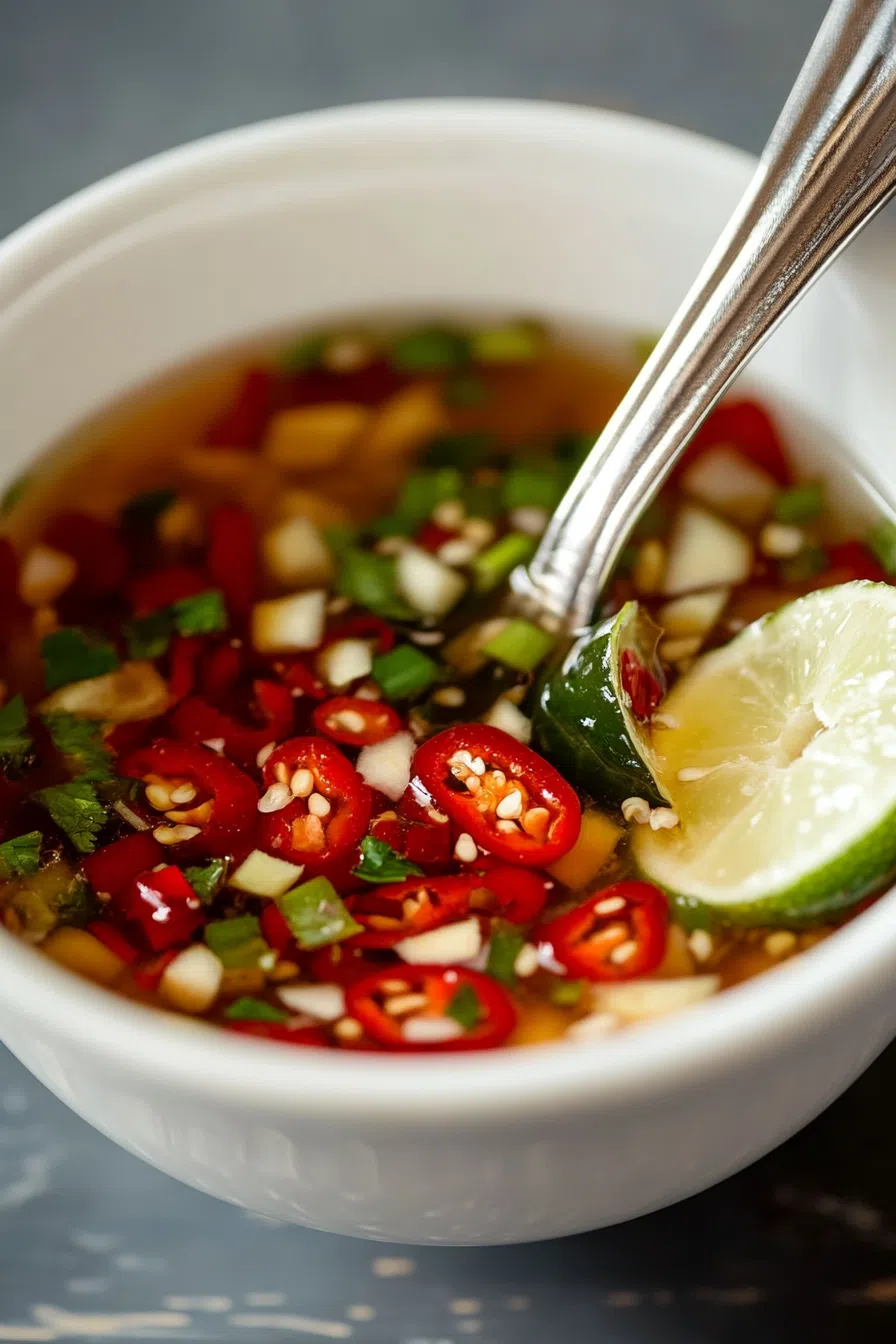 Close-up of Thai fish sauce in a glass jar, showcasing its smooth texture and vibrant hue.