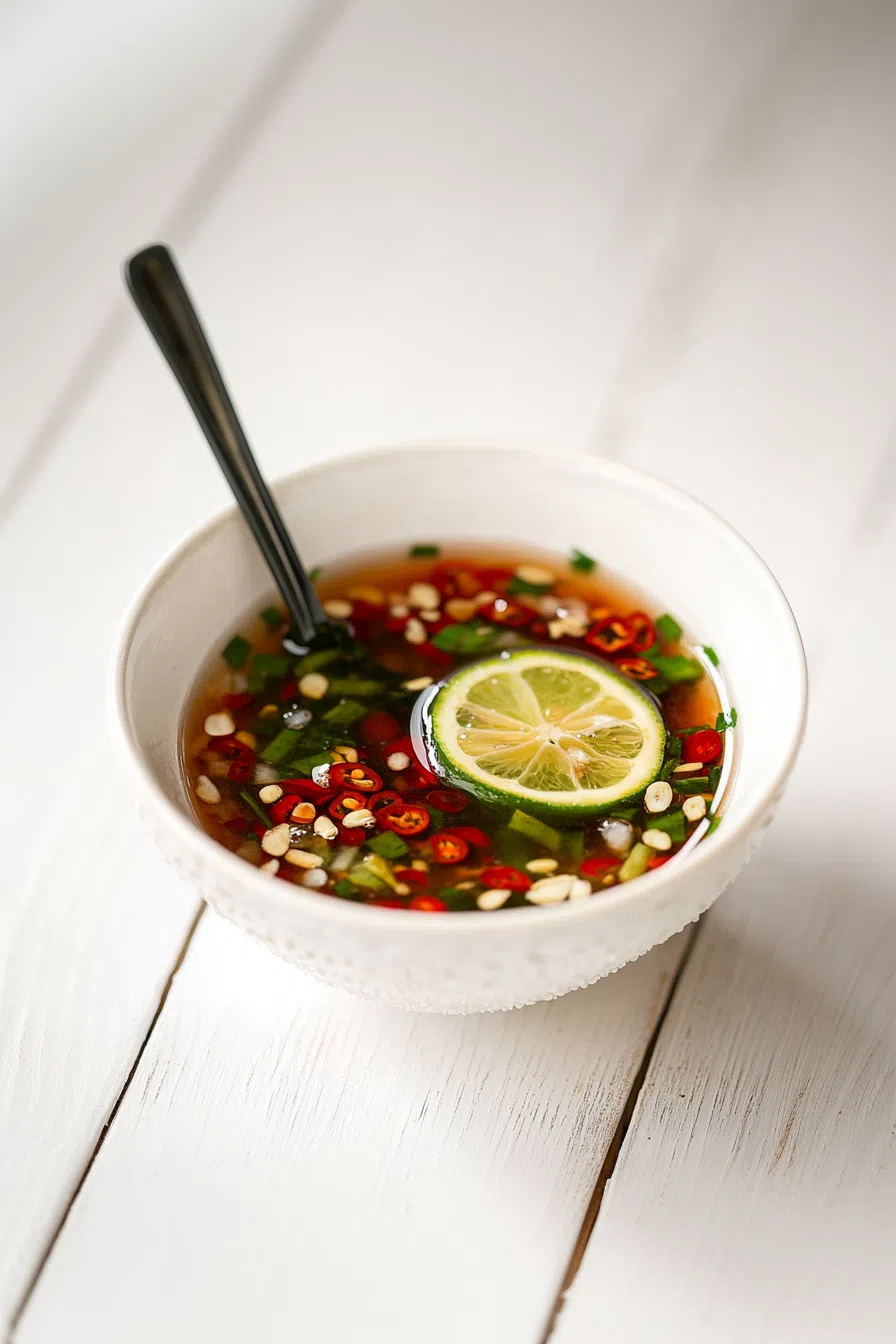 A small glass bowl filled with golden, translucent sauce on a wooden surface.