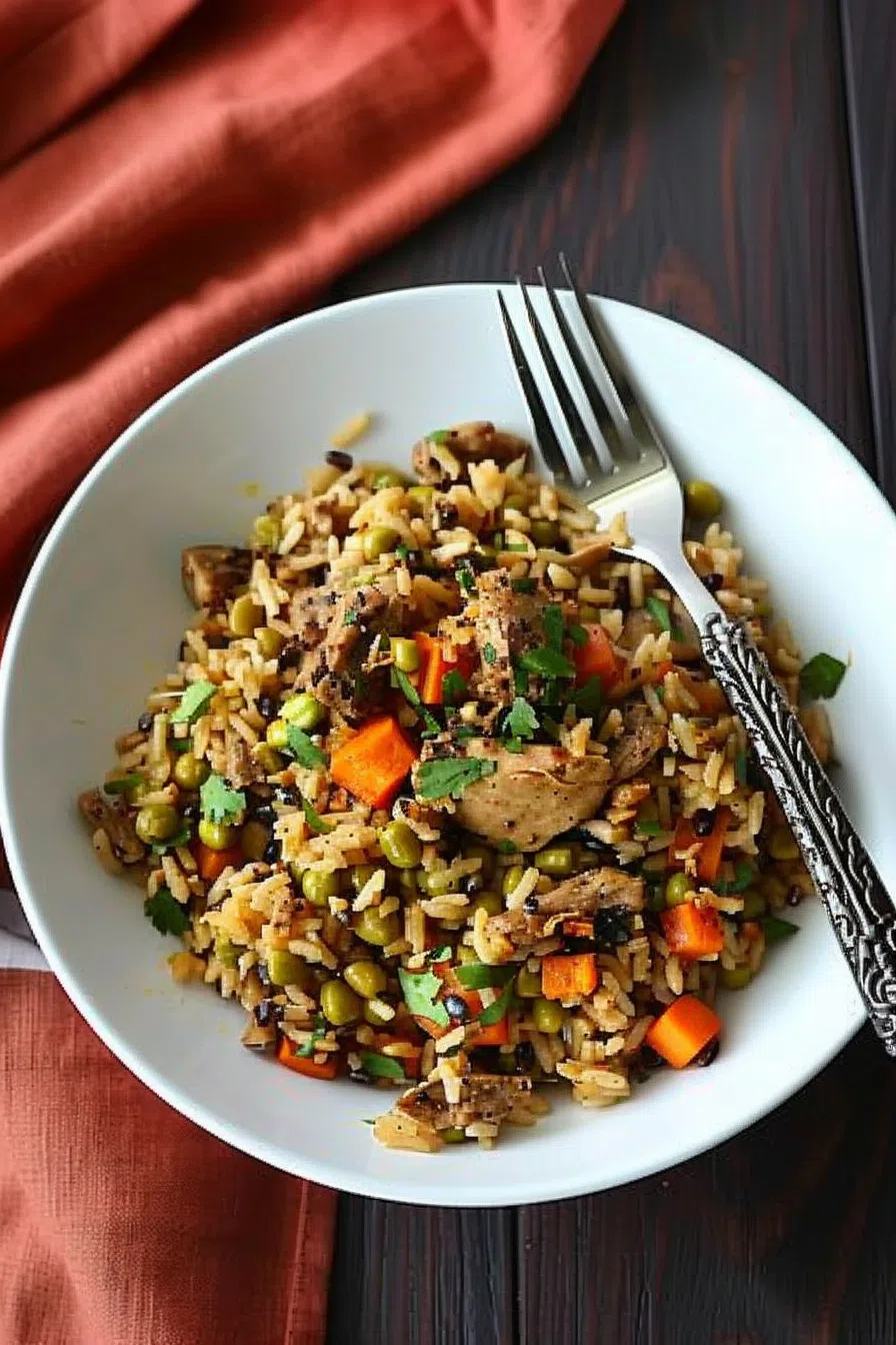 A white plate showcasing Trinidad Chicken Pelau, with perfectly cooked chicken, seasoned rice, and vibrant peas and carrots.