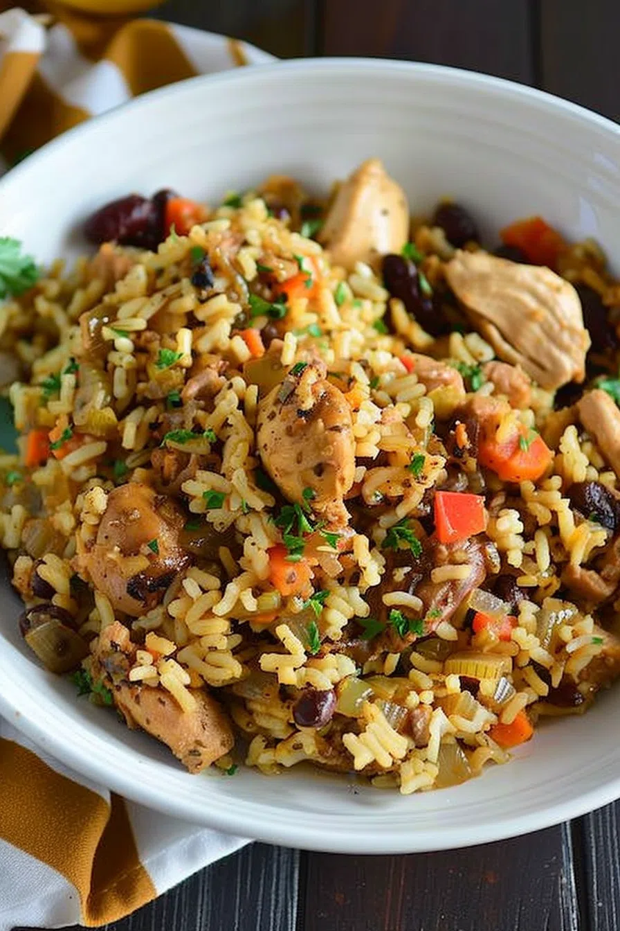 Close-up of a hearty serving of Trinidad Chicken Pelau, highlighting caramelized chicken, flavorful rice, and a medley of vegetables.