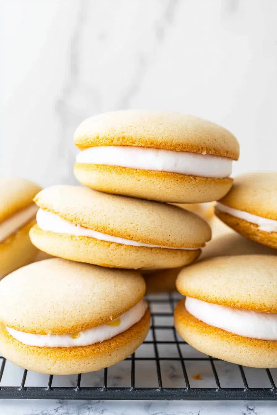 Perfectly round whoopie pies with smooth, velvety filling oozing out.