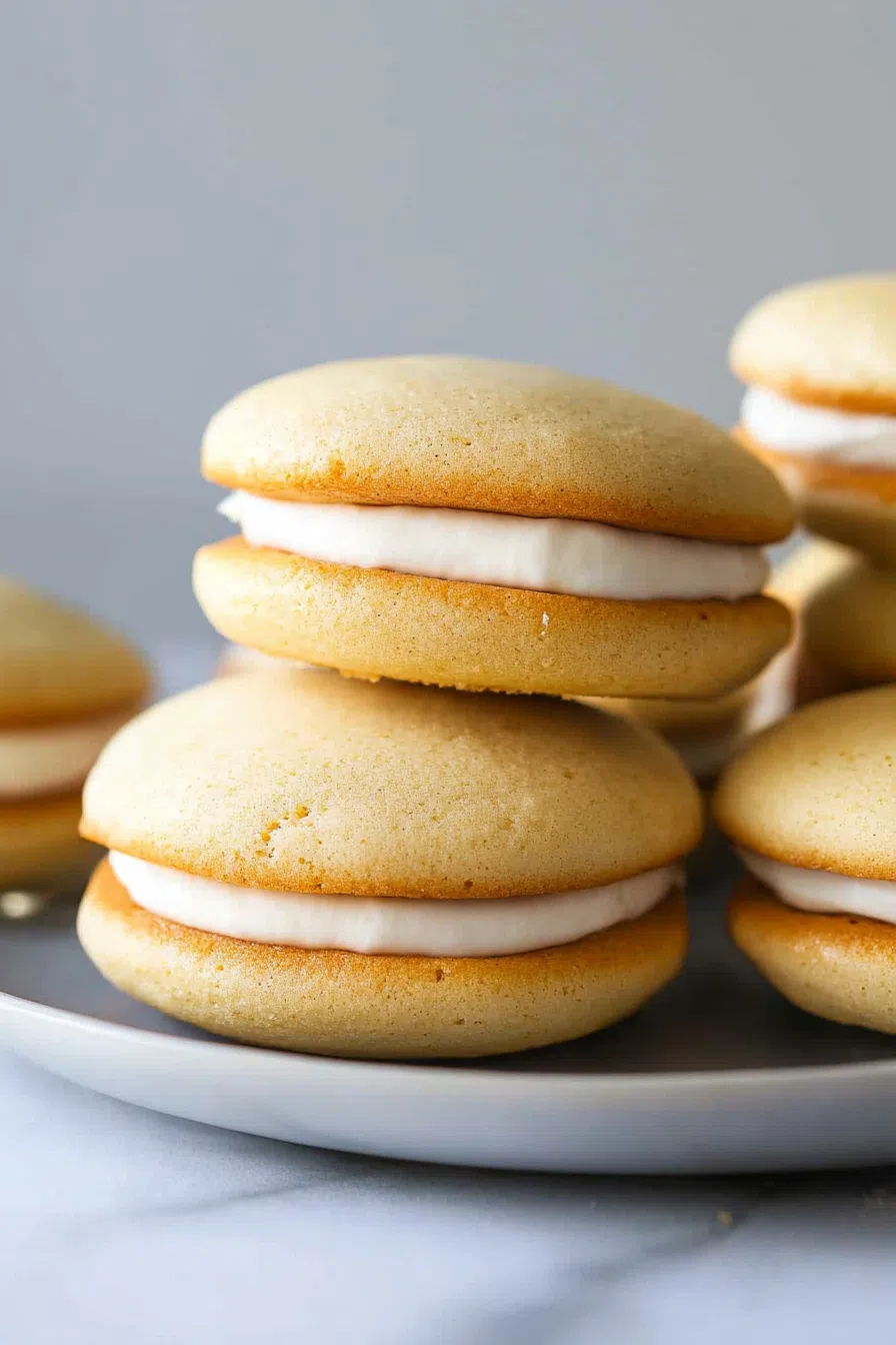 A close-up of two whoopie pies filled with creamy vanilla frosting, stacked on a plate.