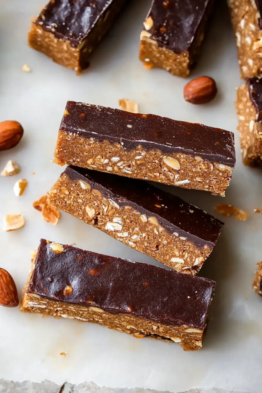 Several bars lined up with scattered nuts and seeds around them.
