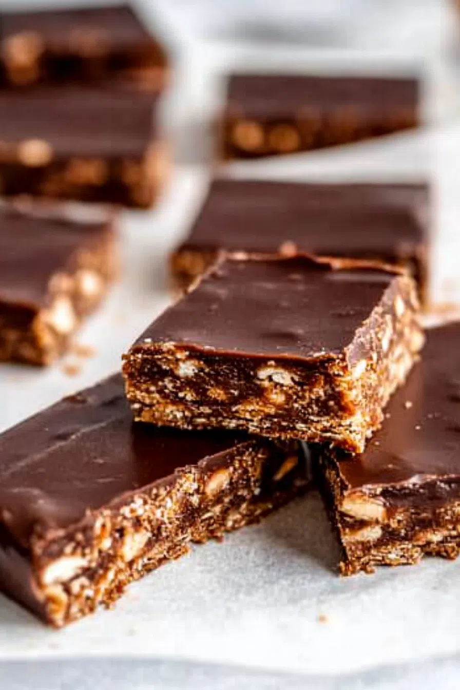 A stack of vegan gluten-free protein bars with a bite taken out of one, showing the texture.