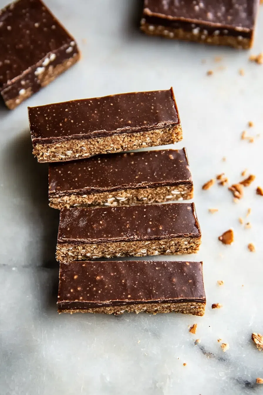 Top view of vegan gluten-free protein bars cut into squares and placed on a wooden board.