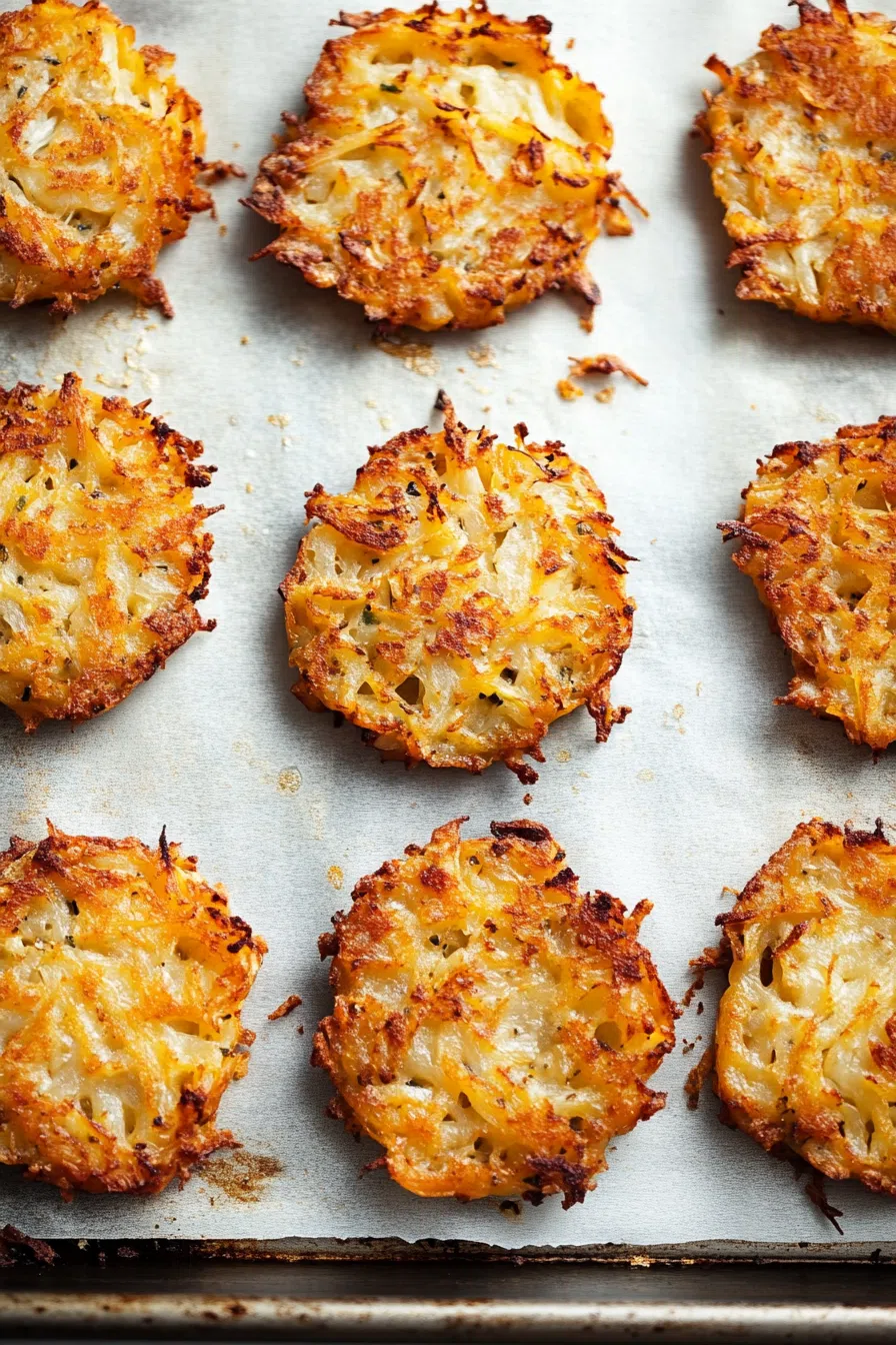 Top-down view of a batch of vegan hash browns on a serving platter, with a sprinkle of chopped green onions.