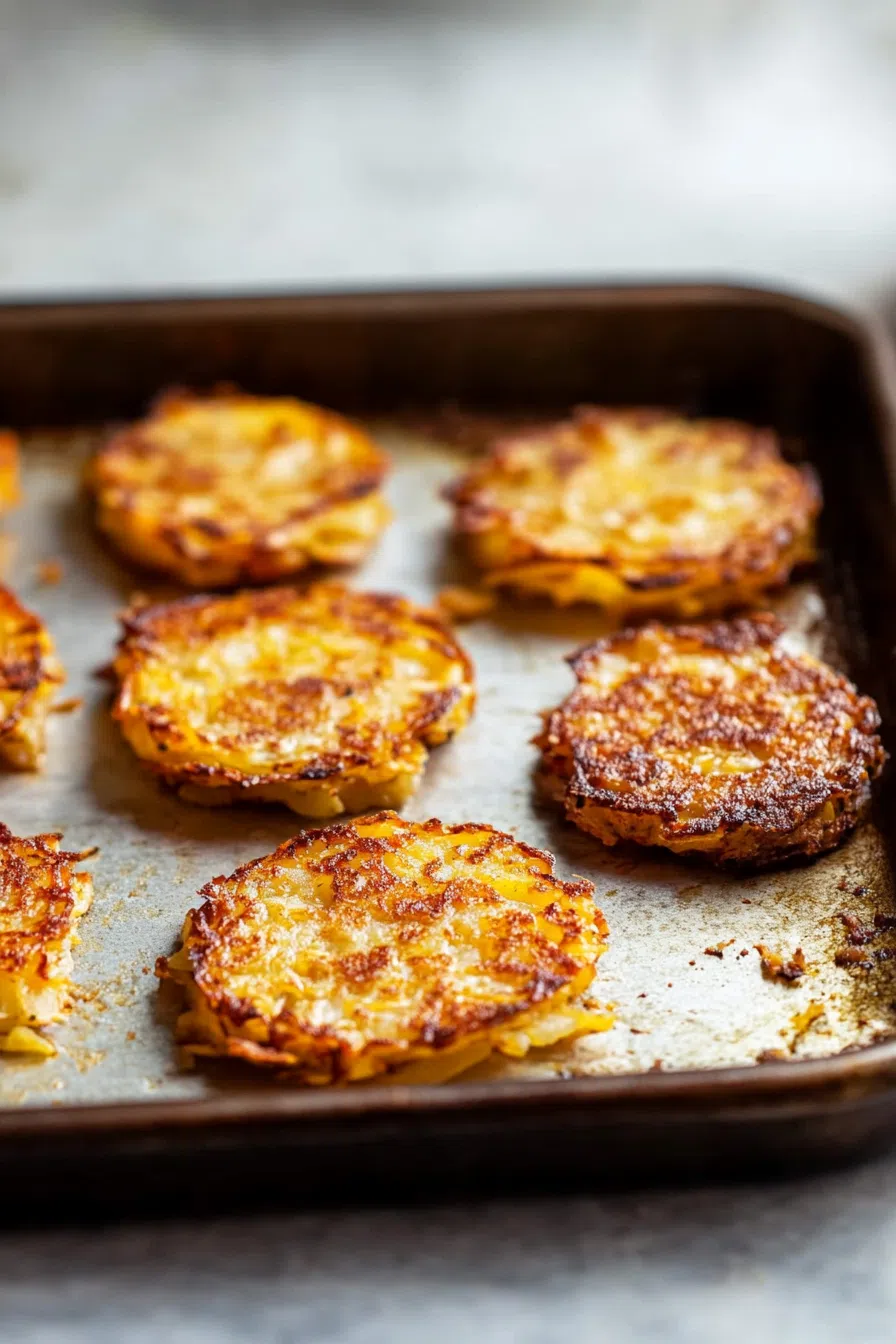 Golden hash browns arranged on a rustic serving board with a sprinkle of seasoning.