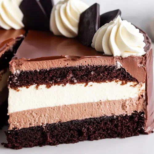 A slice of chocolate mousse cake, revealing the dark chocolate base and light, fluffy mousse layers, garnished with piped frosting.