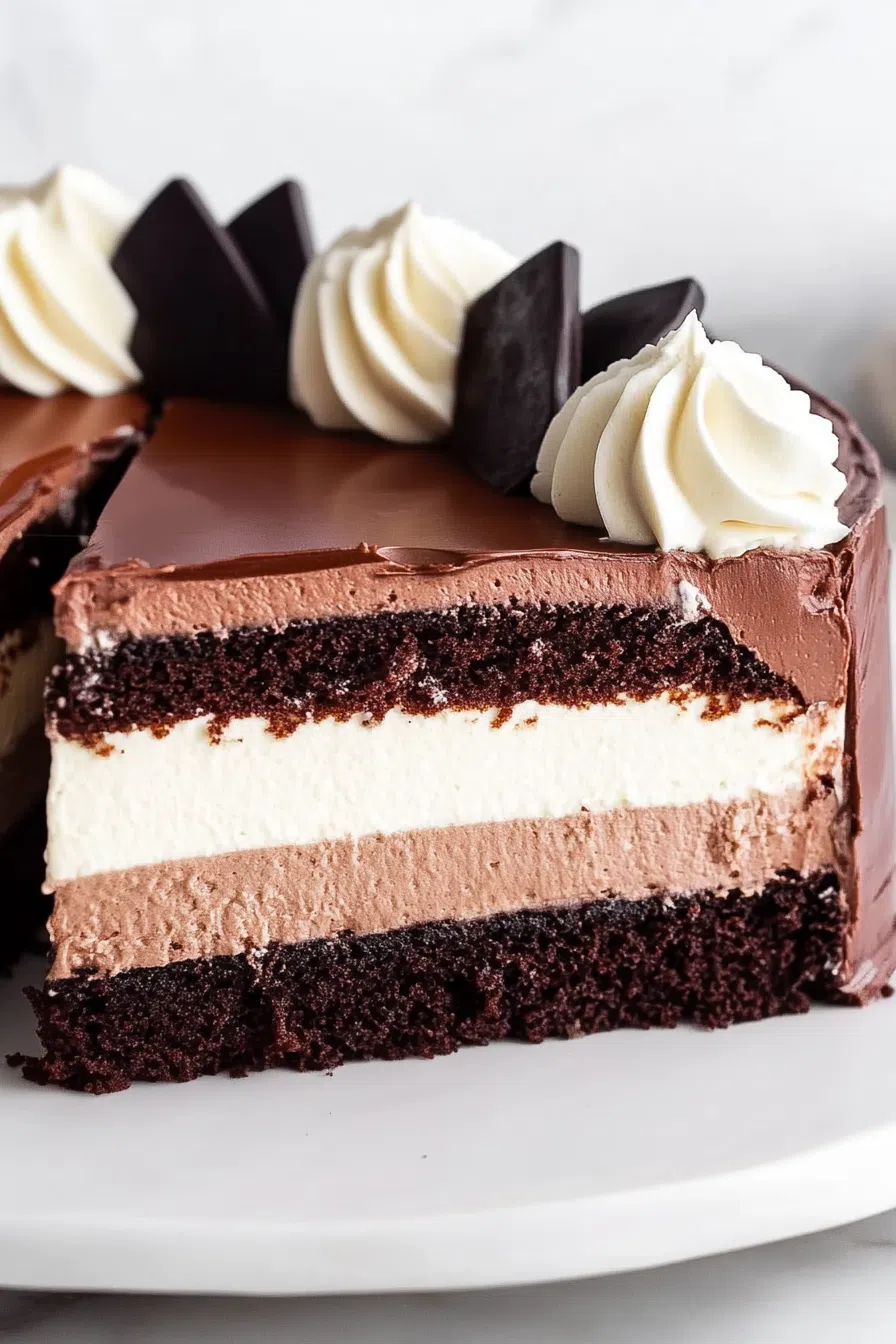 A slice of chocolate mousse cake, revealing the dark chocolate base and light, fluffy mousse layers, garnished with piped frosting.