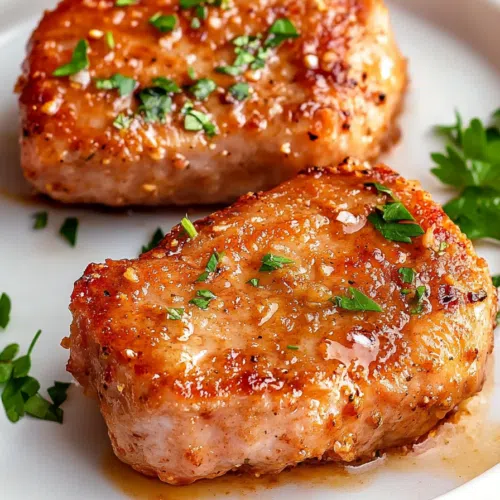 Juicy, perfectly cooked pork chops garnished with fresh herbs.