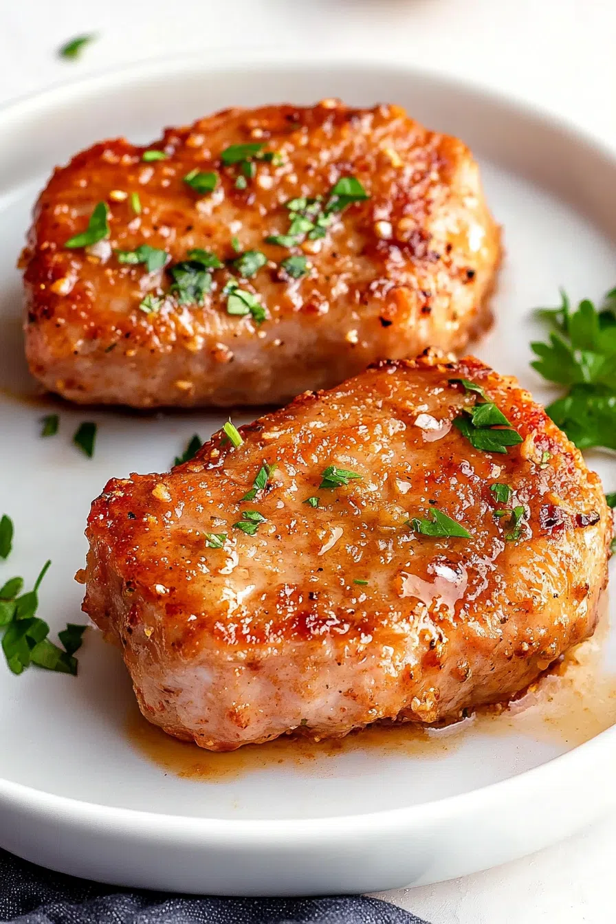 Juicy, perfectly cooked pork chops garnished with fresh herbs.