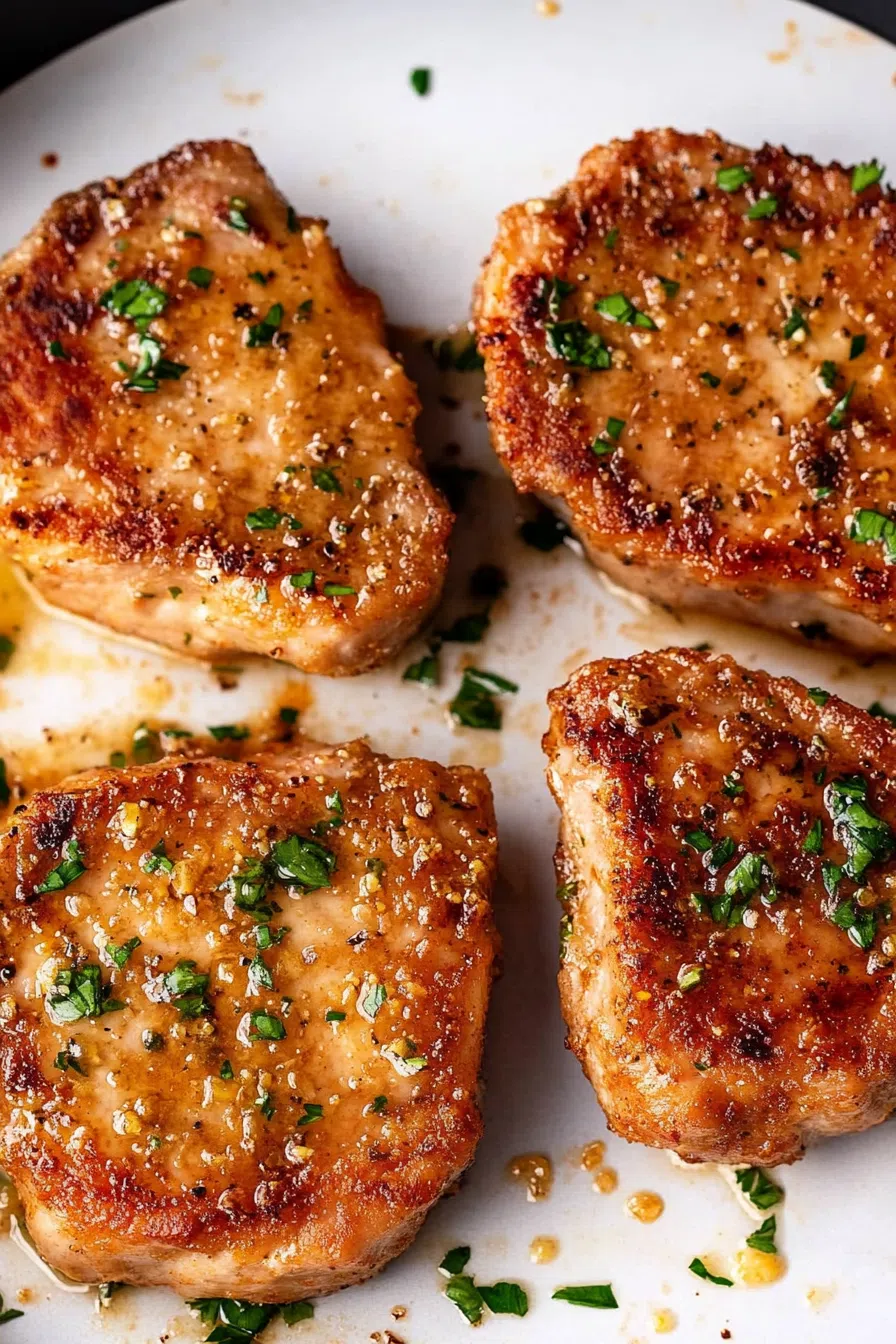 Golden-brown pork chops with a crispy crust, served on a plate.