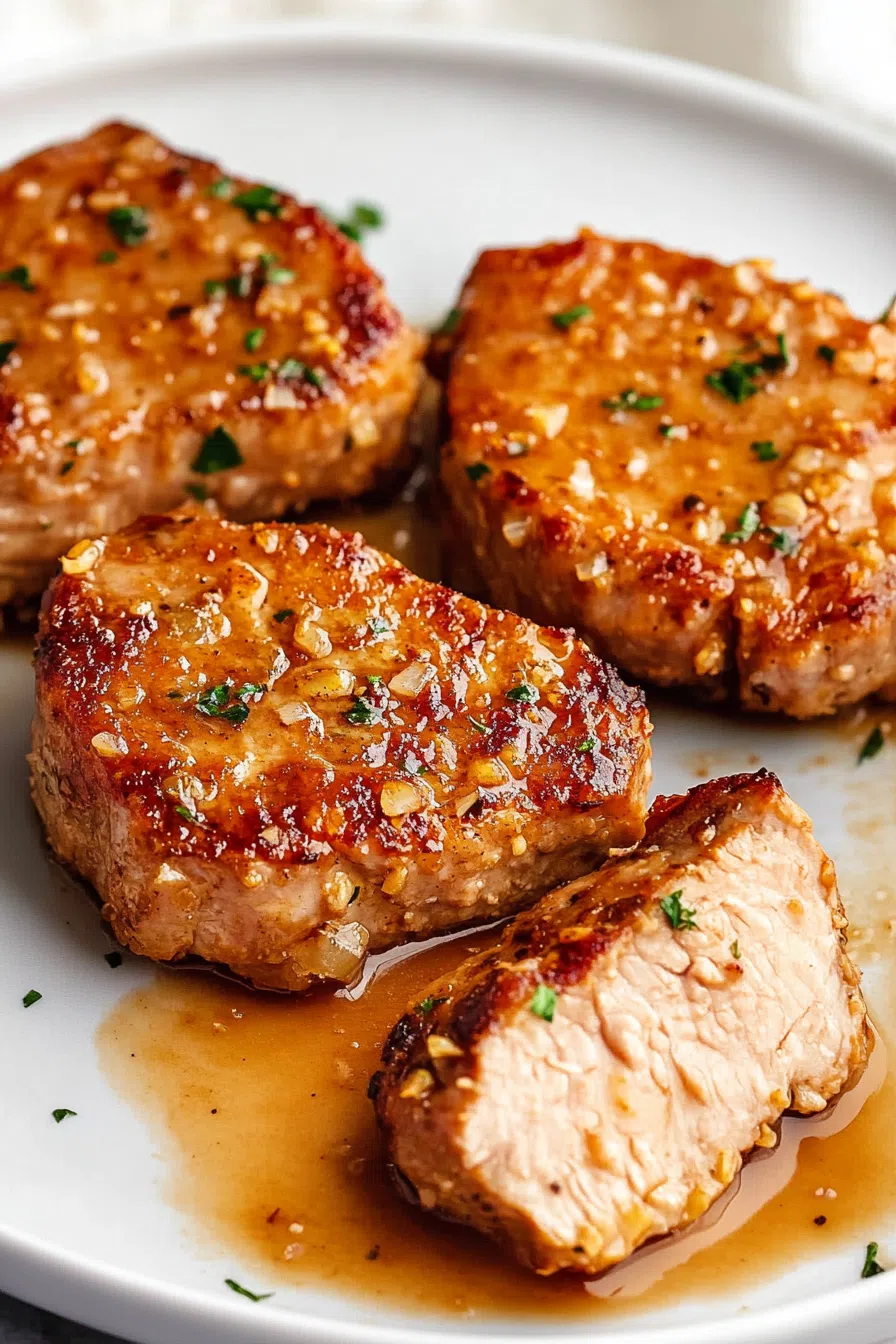 Close-up of a crispy pork chop sliced to reveal a tender interior.
