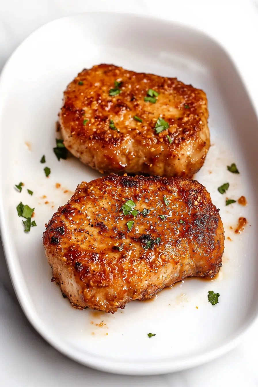 Air-fried pork chops with a golden sear, ready to enjoy.
