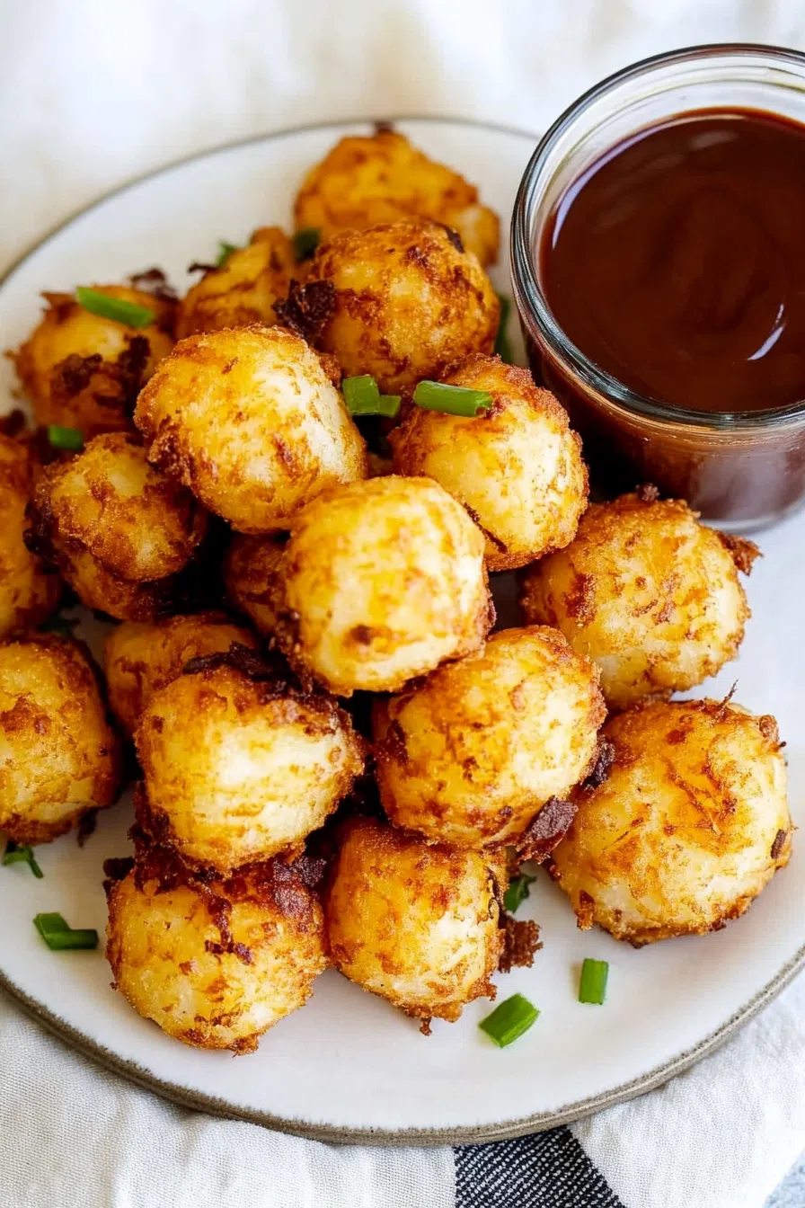 A plate filled with crispy, golden bites served with a side of dipping sauce.