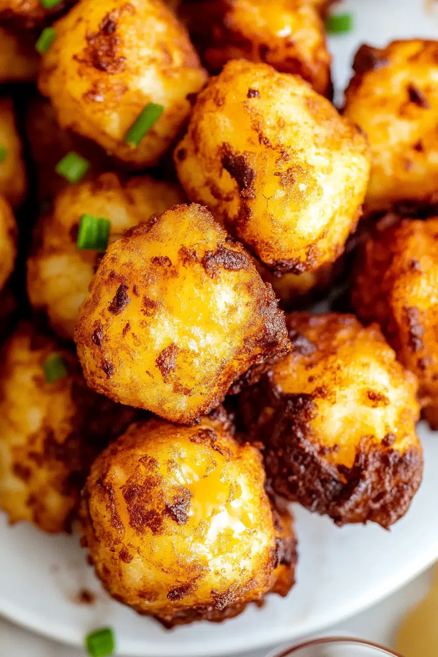 Close-up of crunchy potato puffs piled on a white plate.