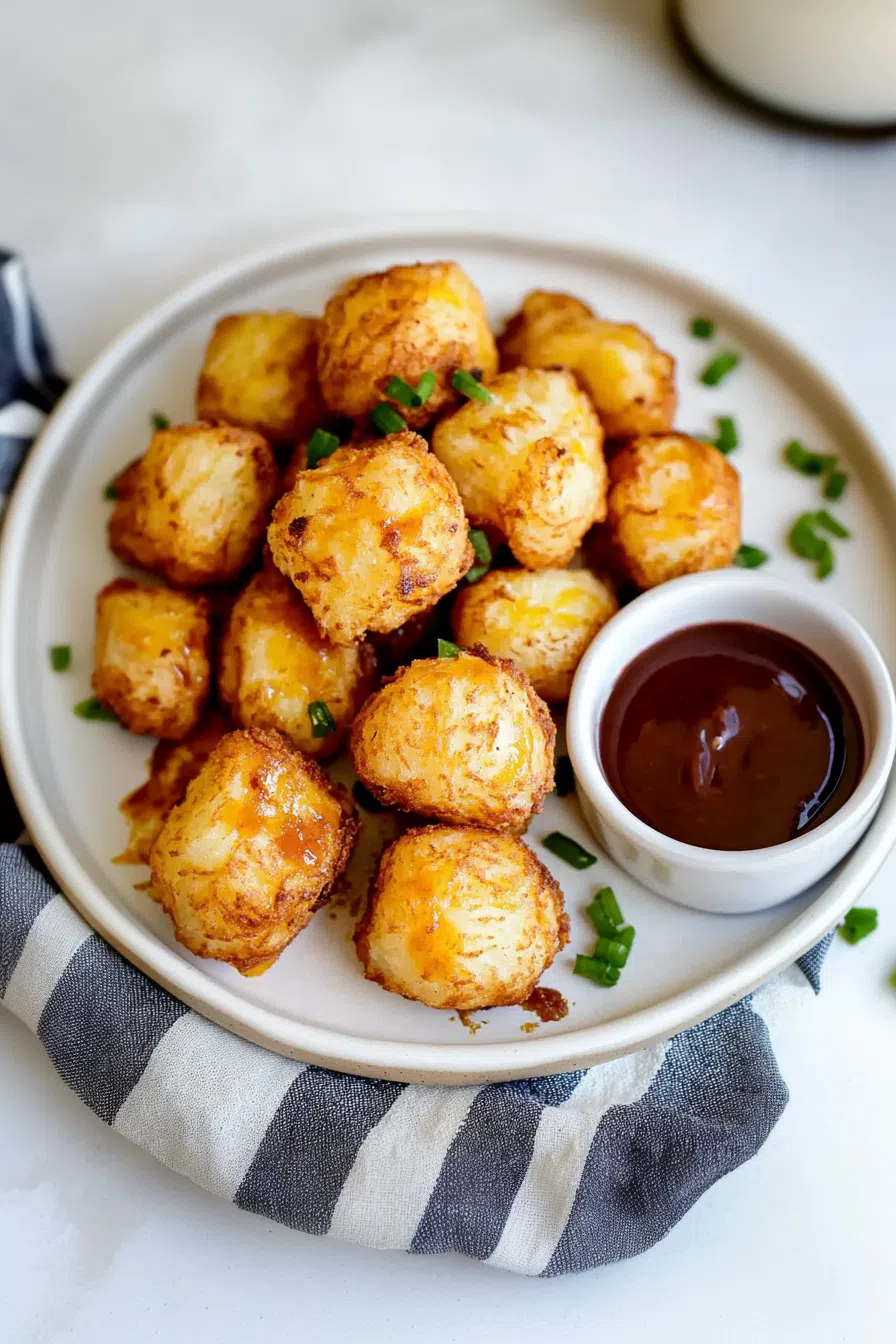 A bowl of crispy, golden tater tots served with a side of dipping sauce.