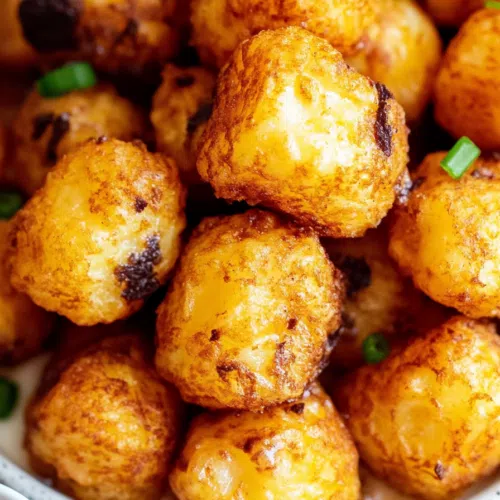 Close-up of crunchy tater tots piled on a plate.